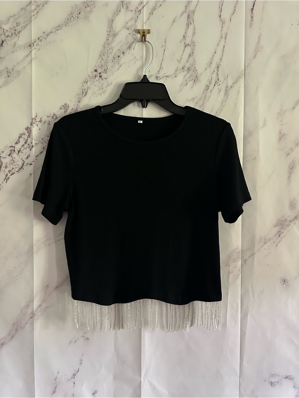 SHORT SLEEVE BEADED FRINGE SHORT SLEEVE TOP WOMENS BLACK NASHVILLE CONCERT XL
